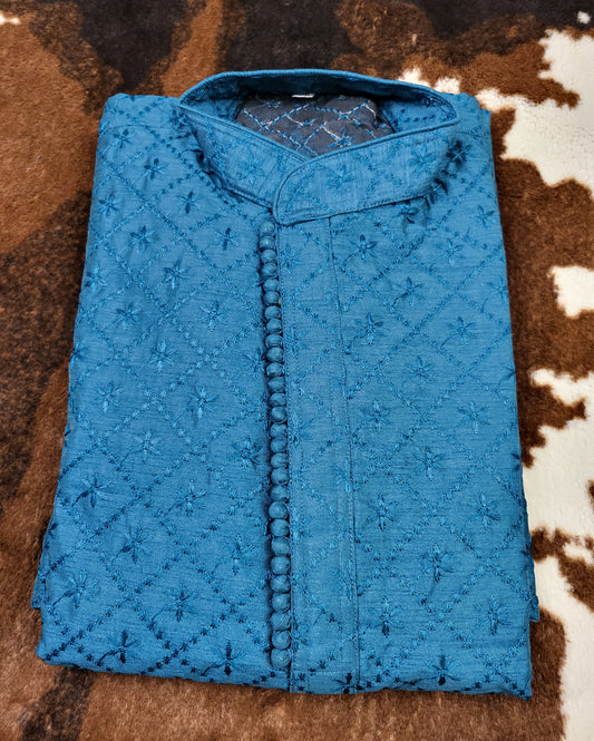 Men's Teal Chikankari Kurta Size 38