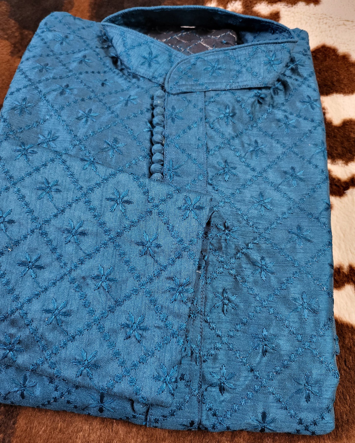 Chest 42 Men's Teal Chikankari Kurta